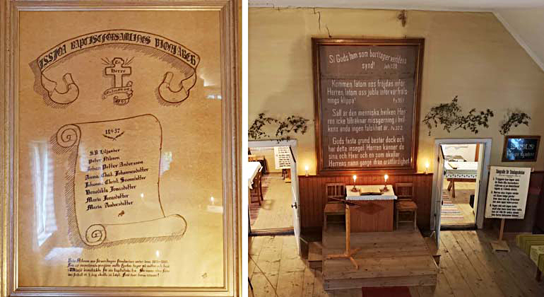 En bild som visar en minnestavla över Issjöa Baptistförsamlings pionjärer. En bild från kyrksalen med altare. Foton.