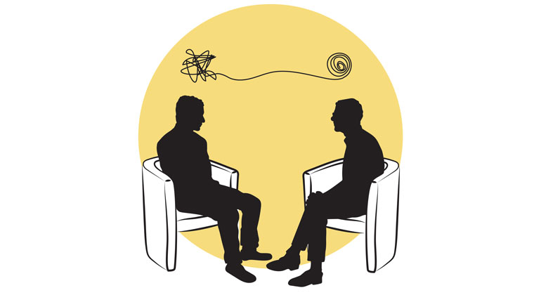 Illustration av två personer som sitter i varsin fåtölj och pratar med varandra.
