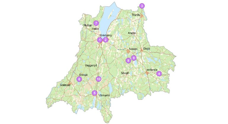 Karta där placering av länets 10 mest prioriterade förorenade områden är markerat