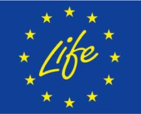 Life-logga: blå flagga med gula stjärnor och texten "Life"