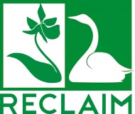 Reclaim-logga: en grön stiliserad guckusko och en vit stiliserad svan