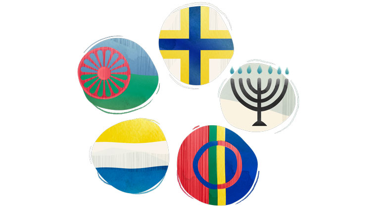 Bilder som symboliserar Sveriges fem nationella minoriteter. Romernas, sverigefinnarnas, tornedalingarnas och samernas respektive flaggor samt en sjuarmad ljusstake för judarna.  