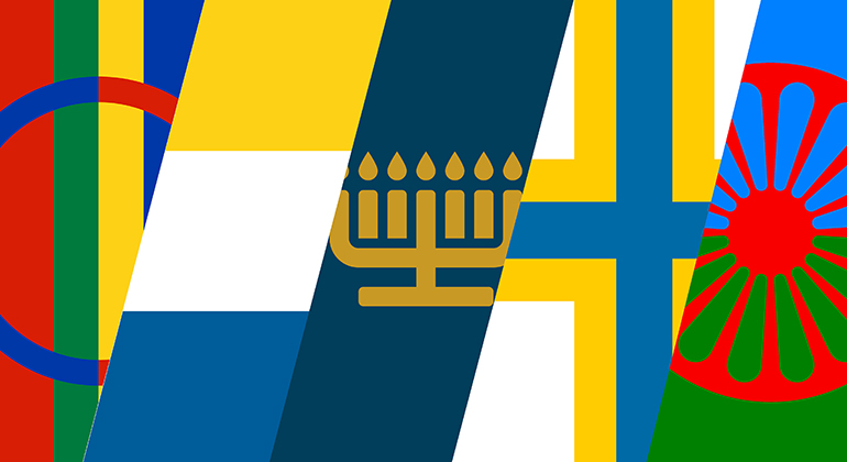 Flaggor för nationella minoriteter i Sverige. Kollage.