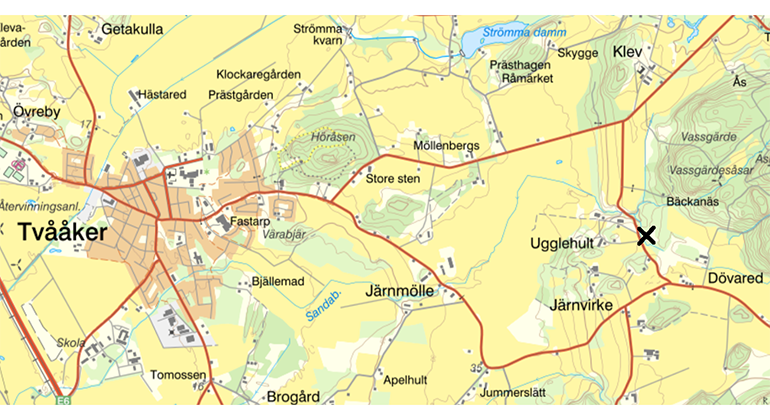 karta med ett kryss markerat för platsen som beskrivs
