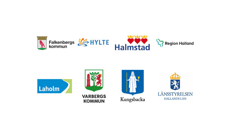 Logotyper Länsstyrelsen, Region Halland, Halmstads kommun, Varbergs kommun, Falkenbergs kommun, Kungsbacka kommun, Hylte kommun, Laholms kommun. 
