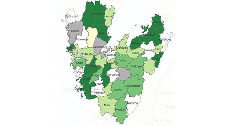 Kartbild över Västra Götaland med färgmarkeringar som visar kommunernas olika åtaganden klimat- och miljöarbetet.