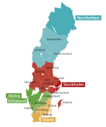 Karta över Sverige med de geografiska tillsynsområdens markerade.