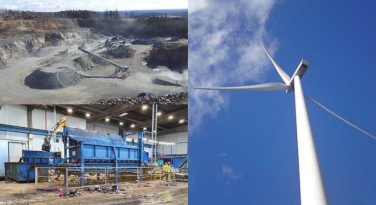 Bildkollage för att illustrera olika ljud. Tre foto från industri, vindkraft och ett stenbrott. 