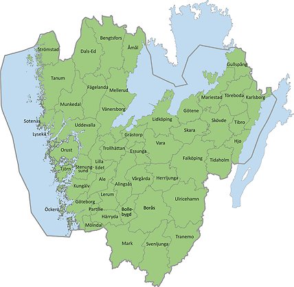 Karta över länet med kommunnamn och kommungränser.