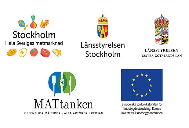 Logotyper från vänster - Stockholm hela Sveriges matmarknad, Länsstyrelsen Stockholm, Länsstyrelsen Västra Götaland, MatTanken, Europeiska unionen Jordbruksfonden för landsbygdsutveckling.