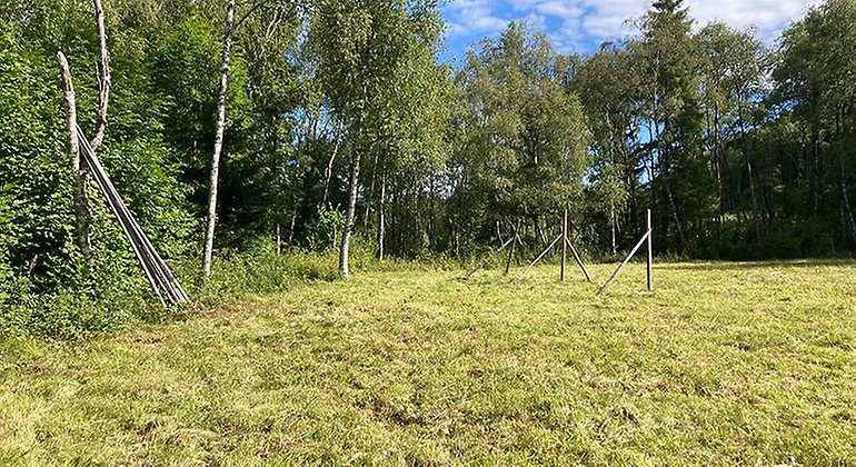 Ängsmark kantad av skog. En enklare träställning står på ängen.