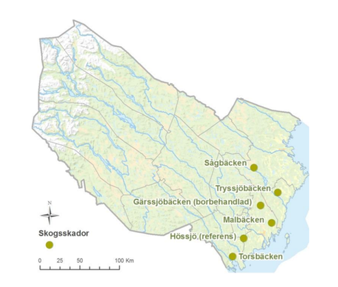 Kartan visar platser för provtagning av skogsskador på kalkade våtmarker.