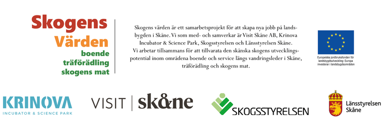 Logotyper över samarbetspartners. Krinova, Visit Skåne, Skogsstyrelsen, Länsstyrelsen