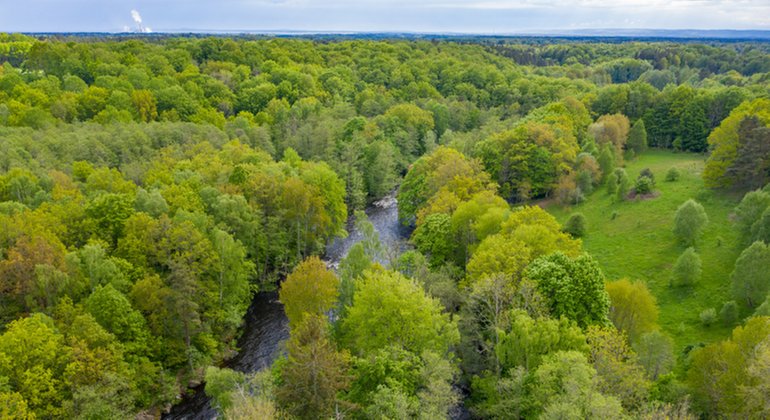 Drönarbild över Mörrumsån med omgivande marker vid Vittskövle-Kylingaryd. Foto: Robert Ekholm/Länsstyrelsen
