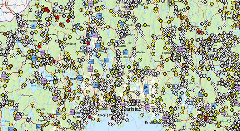 Kartbild markering förorenade områden i Värmland, oavsett klass