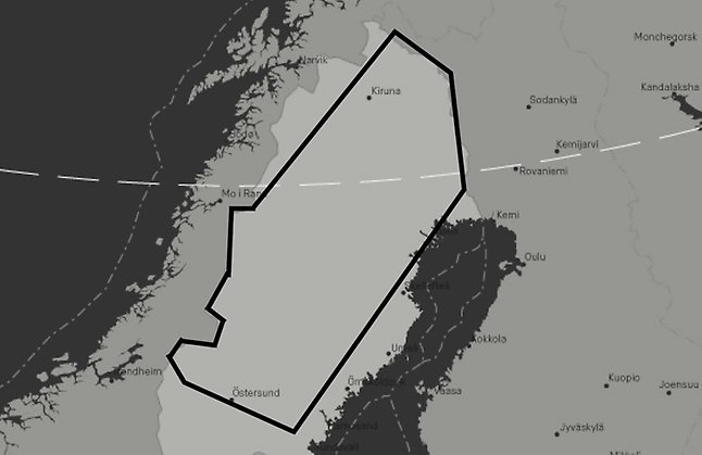 Enkel karta som visar övningsområdet för flygövningen Arctic Challenge Exercise 2023, från Östersund i söder till Treriksröset i norr.