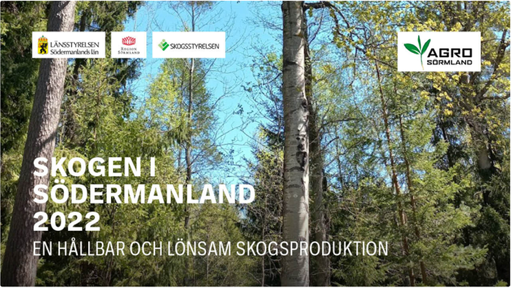 Skogsstammar och en text där det står Skogen i Södermanland 2022 en hållbar och lönsamskogsproduktion på bilden finns även loggor för länsstyrelsen Södermanlands län, region sörmland, skogsstyrelsen och agro sörmland