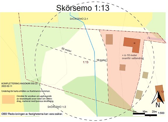 Karta över Skörsemo med fastighetsgränser markerade.