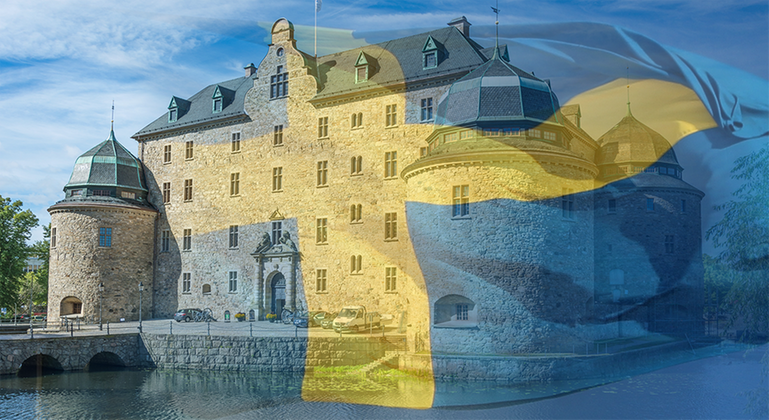 Bild på slottet med en toning av Sveriges flagga