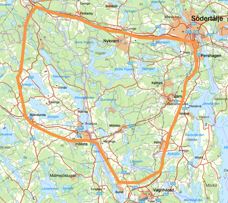 Karta som visar Sjundarevirets ungefärliga omfattning från Södertälje och Mariefred i norr till Vagnhärad i syd.