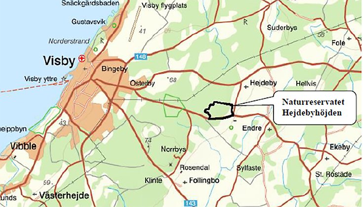 Karta över området kring Visby. Det nya naturreservatet Hejdebyhöjden är markerat med svart ram till höger i bild. Strax sydost om Hejdeby kyrka, och rakt österut från Visby.