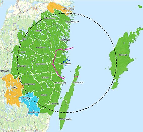 Karta över Kalmar län med de inre, yttre och planeringszonerna runt kärnkraftverket i Oskarshamn markerade.