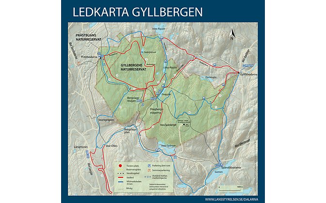 Bilden visar en karta över Gyllbergen med skidleder och vandringsleder.