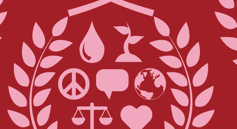 Bild som visar en röd logotyp med olika symboler, exempelvis fredssymbol och vattendroppe