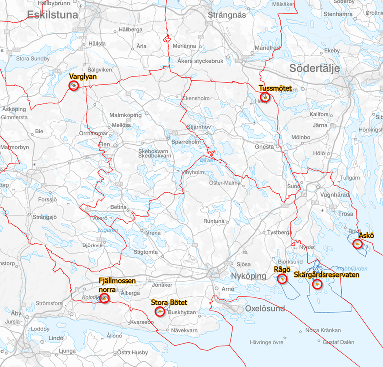Karta över Södermanland med områdena markerade