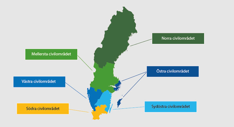 Karta över Sverige där norra, mellersta, västra, östra, sydöstra och södra civilområdena geogragiskt markerats i färgerna blått, grönt och gult.