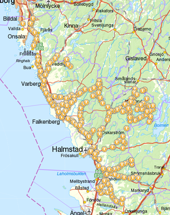 karta över halland där milstenarna är utmarkerade