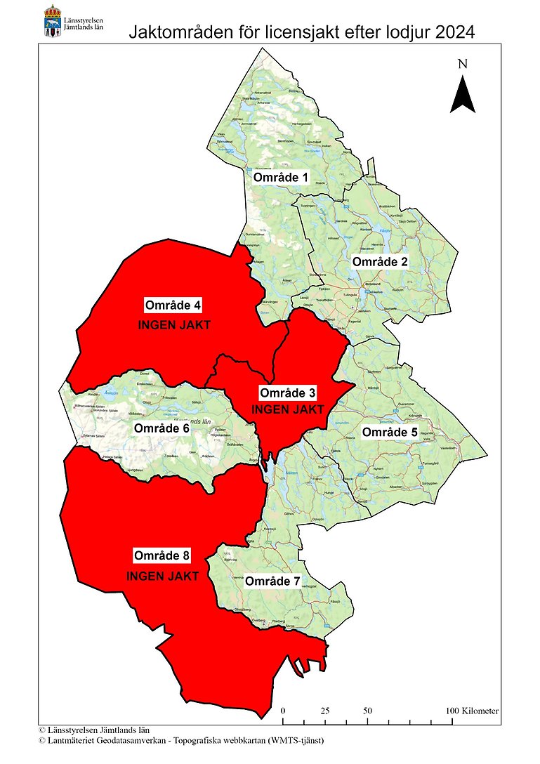 Karta över länet med olika områden där lodjur får fällas. 
