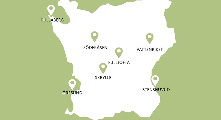 karta över Skånes naturum som finns på Kullaberg, Söderåsen, Stenshuvud, i Skrylle, Vattenriket, Fulltofta och Malmö.
