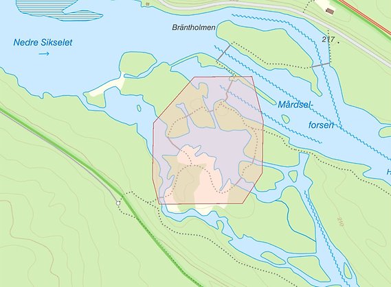 Karta över område med stängda broar i Mårdsele naturreservat.