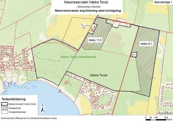 Karta som visar gränser för utvidgningen av Västra Torsö naturreservat.