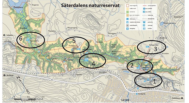 Karta över Säterdalen där de sex olika entréerna är markerade