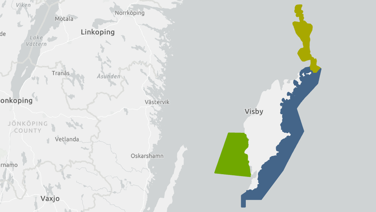 Karta över Gotland med omgivande hav. De tre föreslagna områdena är markerade i olika färger.