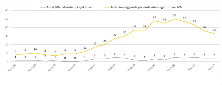 Graf som visar antalet patienter som vårdas för covid-19 i Dalarna 