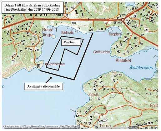 Karta som visar tillfällig avstängning av vattenområde vid Grisslinge havsbad med anledning av motorbåtstävlingar