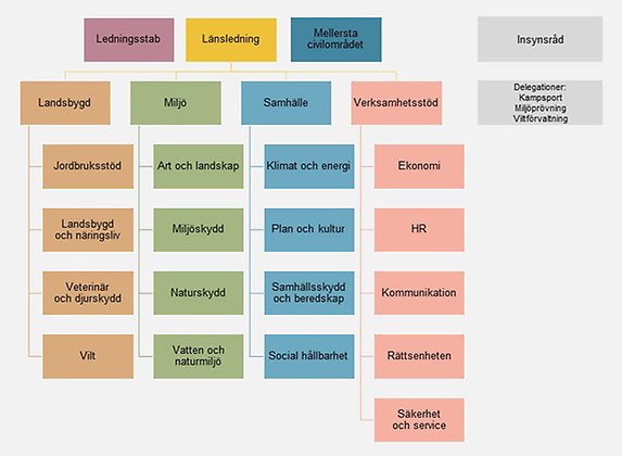 Organisationsschema för Länsstyrelsen i Örebro län. Högst upp finns ledning och civilområdeskansli, nästa nivå är fyra avdelningar: Miljö, Landsbygd, Samhälle och Verksamhetsstöd. Under avdelningarna finns 17 enheter.