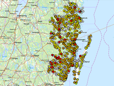 Karta över misstänkt eller konstaterat förorenade områden i Kalmar län.