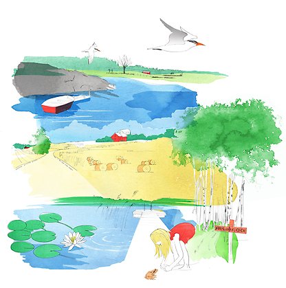 Illustration av landskap i Södermanland. Östersjön högst upp, sen ett fält och sen en sjö där en flicka står.
