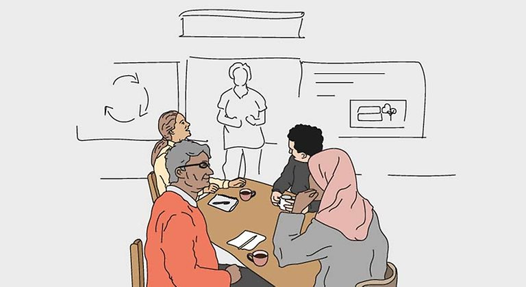 Illustration av fyra personer runt ett bord som lyssnar på någon som står och pratar