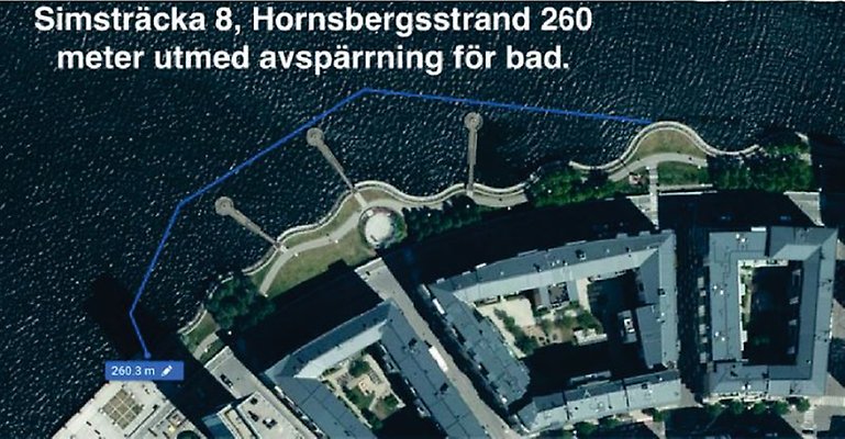 Kartbild över simsträcka 8 till Länsstyrelsen i Stockholms läns föreskrifter om avstängning av vattenområden med anledning av swimruntävling, Stockholms kommun.