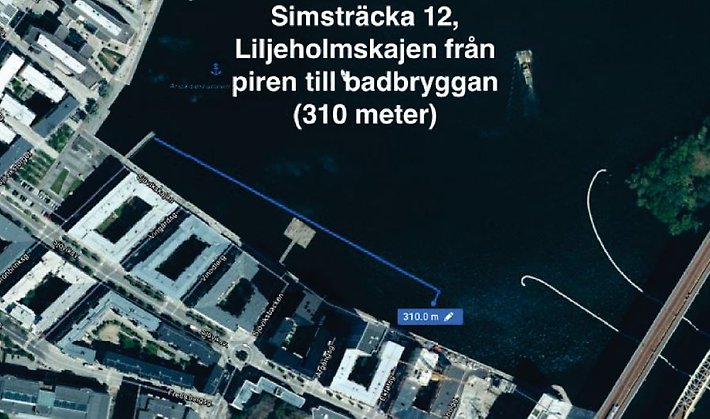 Kartbild över simsträcka 12 till Länsstyrelsen i Stockholms läns föreskrifter om avstängning av vattenområden med anledning av swimruntävling, Stockholms kommun.