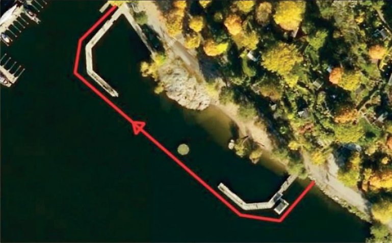 Kartbild över simsträcka 13 till Länsstyrelsen i Stockholms läns föreskrifter om avstängning av vattenområden med anledning av swimruntävling, Stockholms kommun.