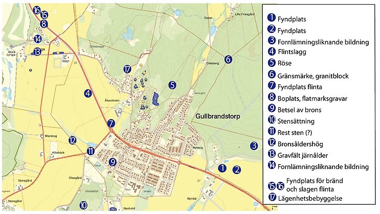 Karta över några fornminnen i trakten runt Gullbrandstorp.