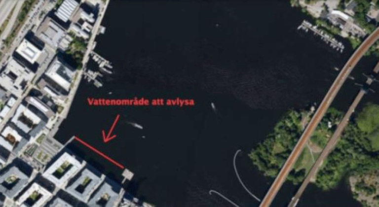 Kartbild över simsträcka 12, Liljeholmskajen från piren till badbryggan.