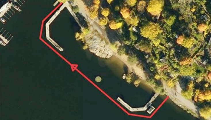 Kartbild över simsträcka 13, utmed avspärrning för badplats vid Tantolundens badstrand.