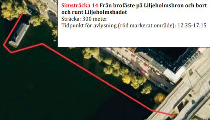 Kartbild över simsträcka 14, från brofäste på Liljeholmsbron och bort och runt Liljeholmsbadet.